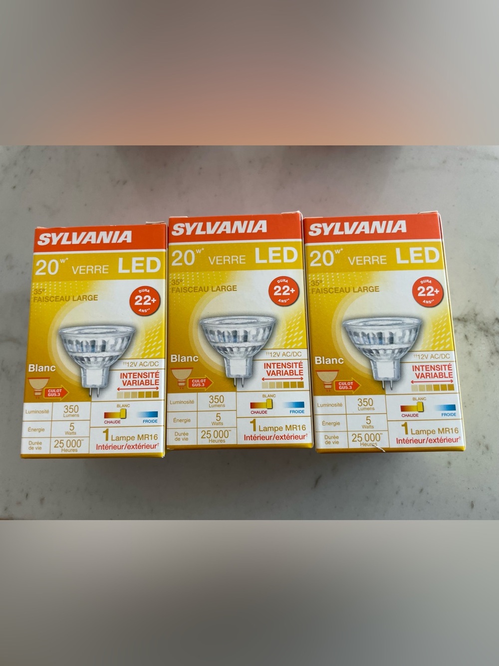 Set of 3 Sylvania 20W Equivalent MR16 Glass LED Flood Light Bulbs 5W, 350 Lumens